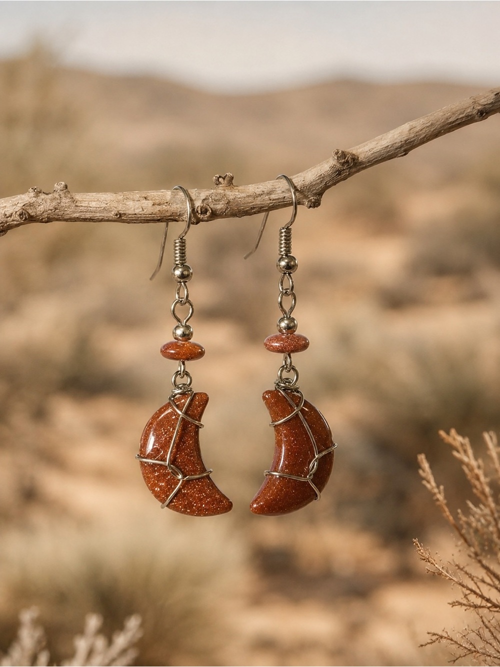 Celestial Goldstone Crescent Moon Earrings / Handmade Boho Gift